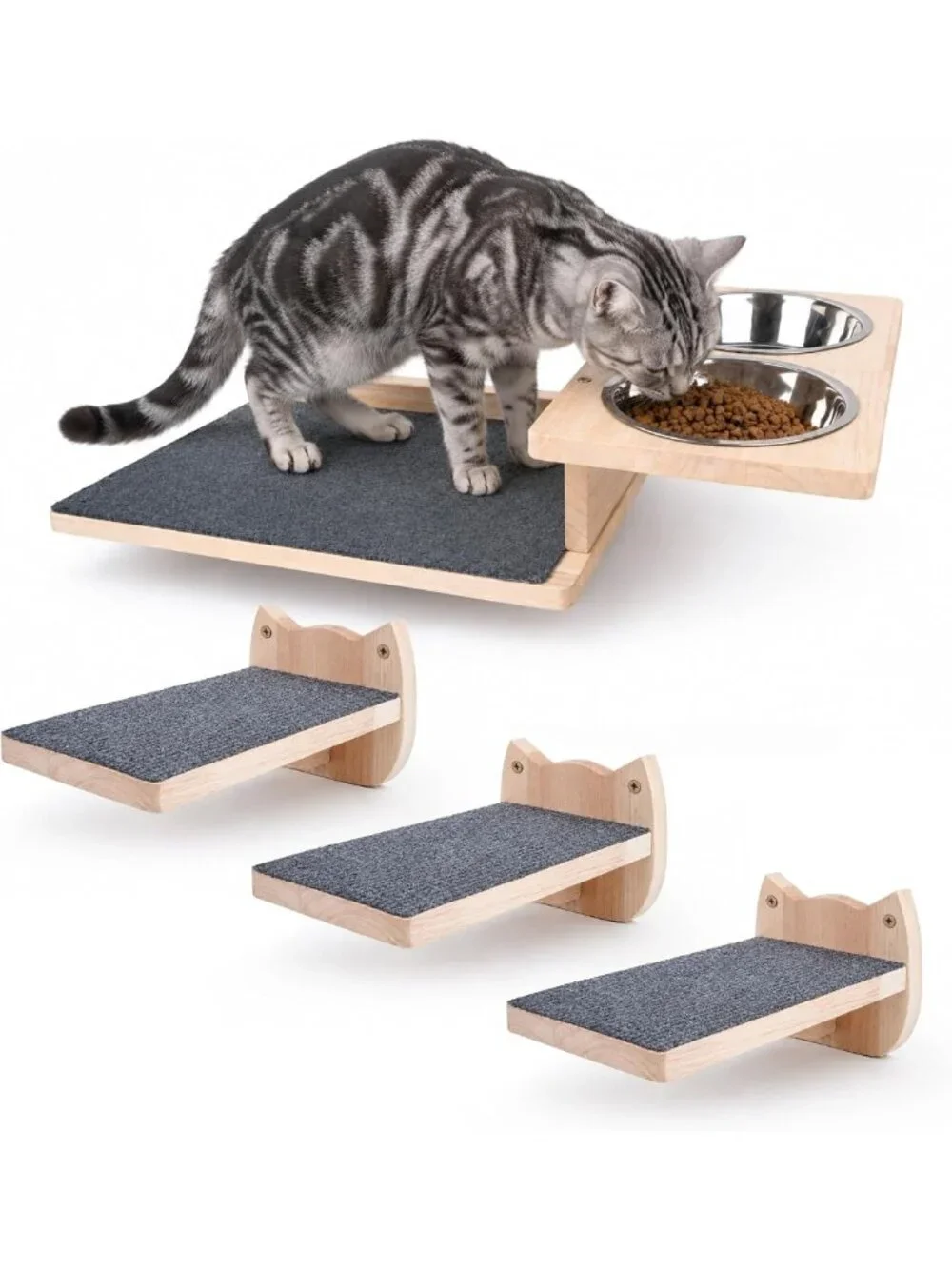 Elevated Cat Feeding Station with 3 Steps & 2 Bowls | Wall-Mounted Pet Shelf